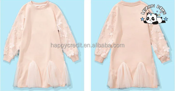 LEZONKIDS - Novos vestidos de meninas com aplicação de flor de tule de manga longa de algodão fofos e soltos para meninas